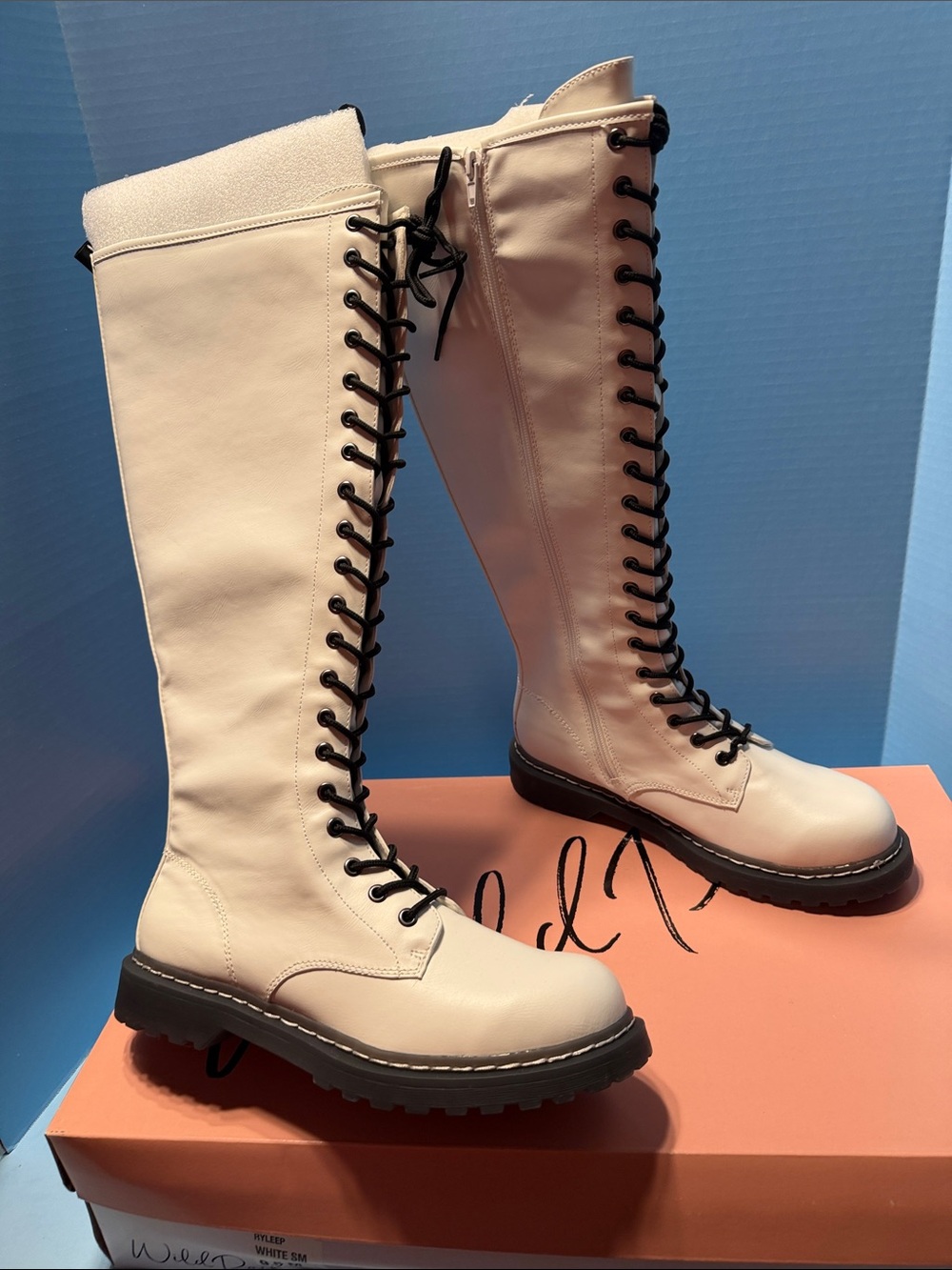 Wild Pair White Knee-High Lace-Up Combat Boots NIB